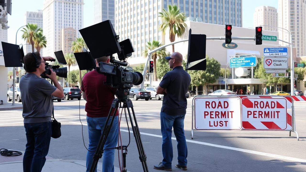 Film crew on Los Angeles street with permit